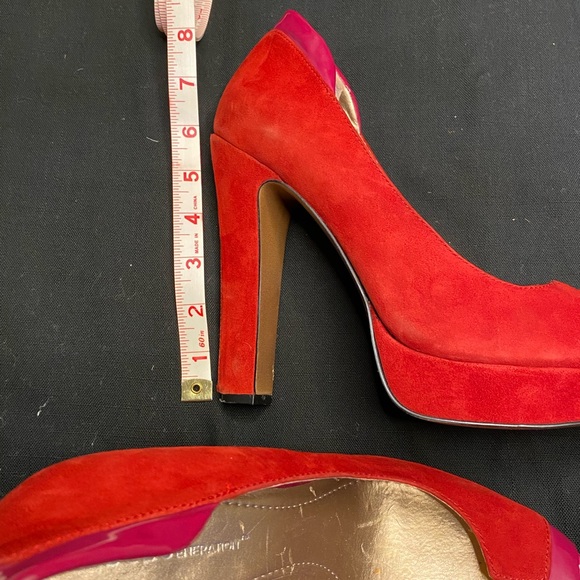 BCBG Red Suede and Fuchsia Patent Leather 5 inch Peep Toe Heels Size 10 Shoes - Picture 14 of 14